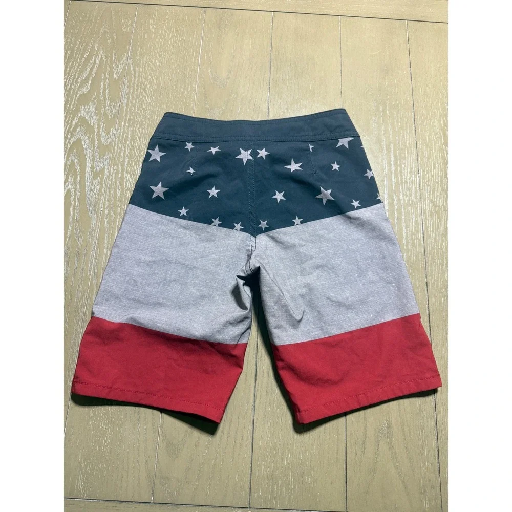 TravisMathew Board Shorts Kids Size 8 Blue Gray Red Stars Patriotic Colorblock